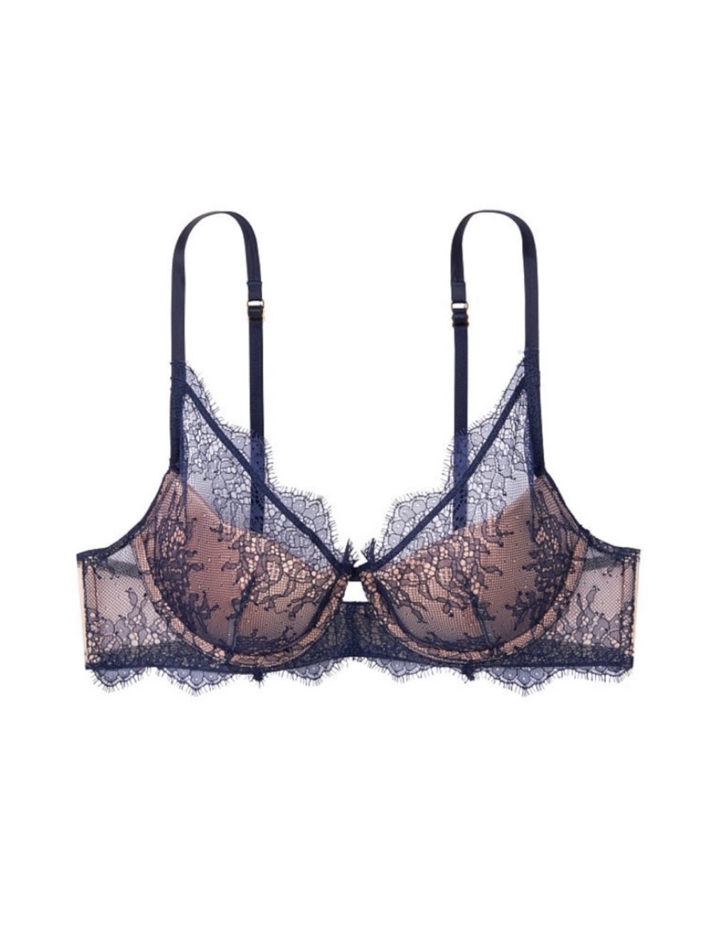 Victoria’s Secret VS Dream Angels Navy Chantilly Eyelash Lace Lined Plunge Bra